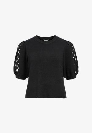 Schwarzes kurzärmeliges Top mit Puffärmeln, das geometrische Ausschnittmuster und einen runden Ausschnitt aufweist.