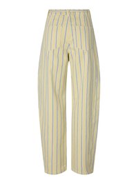 Pantaloni gialli a vita alta con righe verticali blu, due grandi tasche posteriori e gambe larghe e dritte.