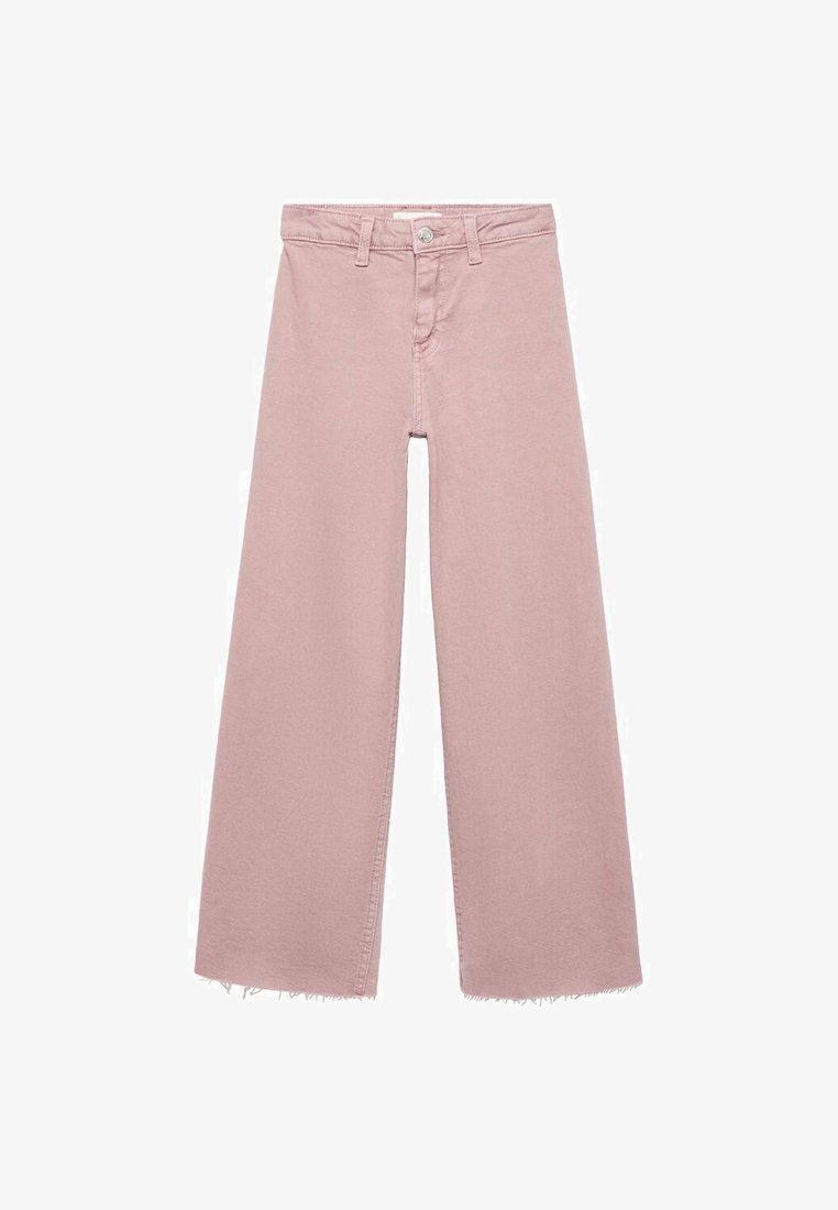 Bledo roza široke hlače z visokim pasom, z raztrganim robom, sprednjim gumbom in zadrgo. Gladka denimska tekstura.