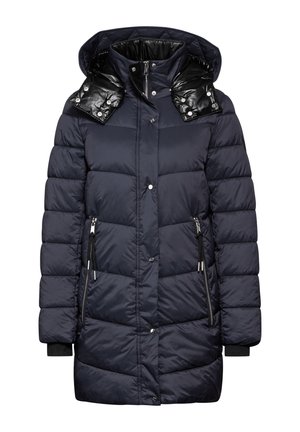 Marineblå pufferjakke med hætte, skinnende sort krave, lynlåslommer og en quiltet design med ribbede manchetter.