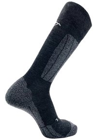 Kniestrümpfe in Schwarz mit grauen Akzenten, aus strukturiertem Material, verstärkt an Ferse und Zehen, mit einem glatten Bund und gestreiftem Design.