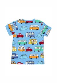 Bawełniana koszulka, jasnoniebieska, z kolorowymi ilustracjami samochodów, kamperów, namiotów i wiszącego prania, krótki rękaw, okrągły dekolt.