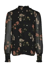 Blusa nera a fiori con maniche lunghe trasparenti, scollatura arricciata e polsini arricciati. Presenta un motivo di fiori rosa e bianchi su un tessuto scuro.