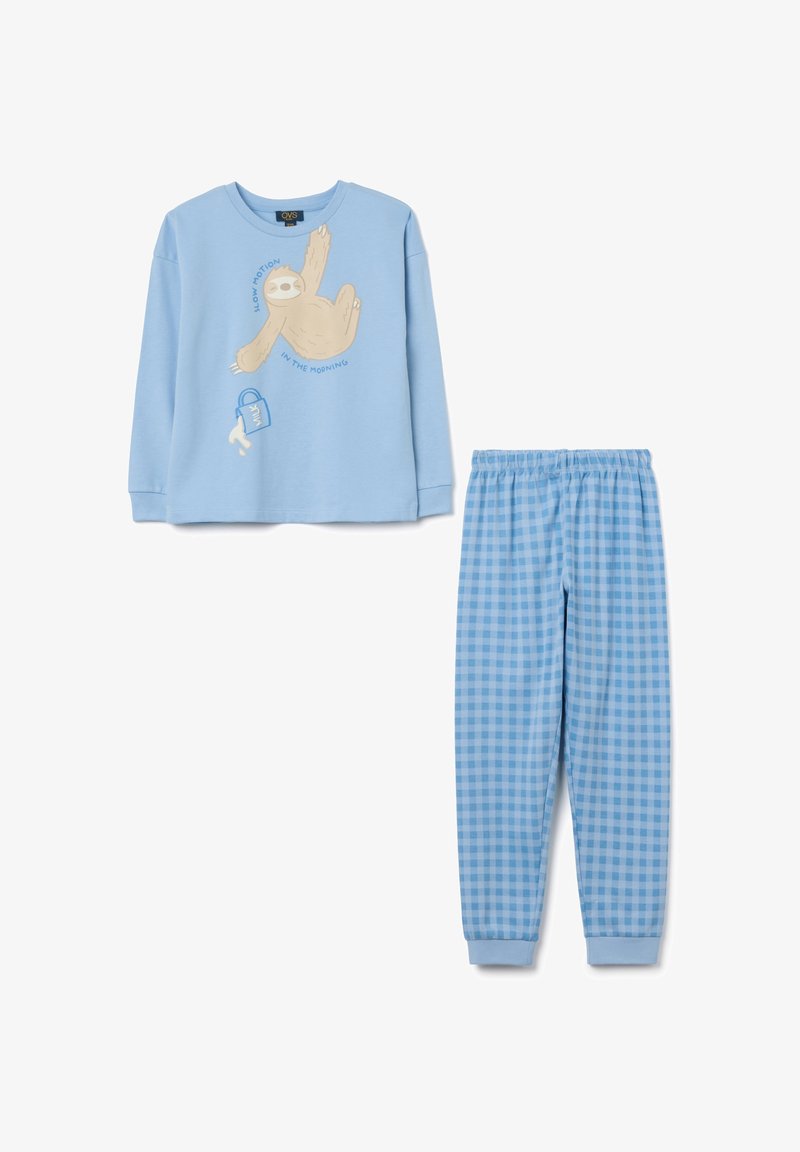 Light blue pajama set with a long-sleeve top featuring a sloth graphic and text. The bottom has a checkered pattern in lighter shades of blue.