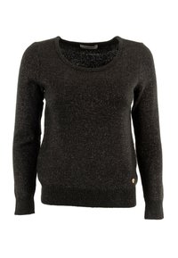 Pull noir avec un décolleté arrondi, des manches longues et une finition texturée. Présente des fils métalliques et un petit logo sur le côté.