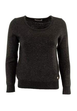 Maglione nero con scollo a barca, maniche lunghe e finitura testurizzata. Presenta fili metallici e un piccolo logo sul lato.