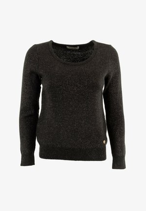 Suéter negro con escote redondeado, mangas largas y un acabado texturizado. Presenta hilos metálicos y un pequeño logotipo en un lado.