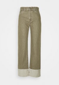 Jeans de pernera ancha color verde oliva con dobladillo sin rematar y puños contrastantes más claros. Hechos de denim con un diseño estándar de cinco bolsillos y cremallera frontal.