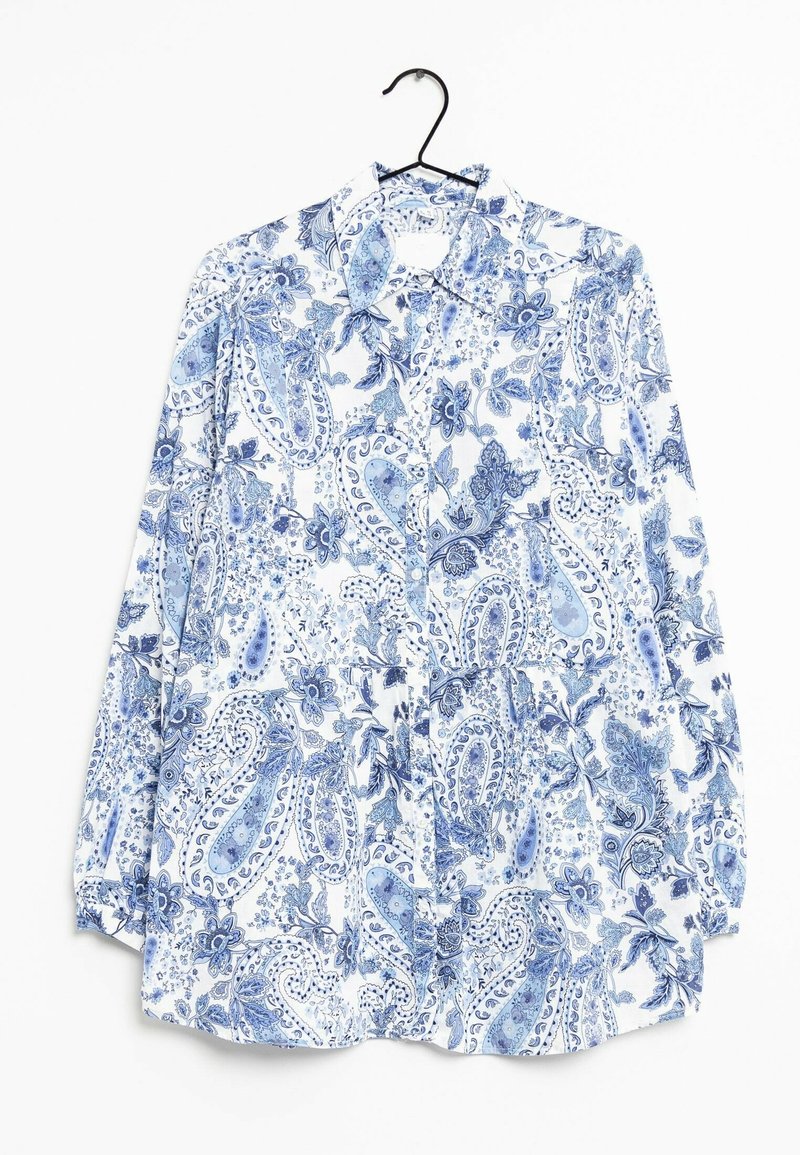 Blue and white paisley-patterned long-sleeve shirt with a collar, featuring a smooth fabric and button-up front design.