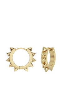 Guldörhängen med framträdande spikdetaljer runt den yttre kanten, slät yta med en glänsande metallisk finish och cirkulär design.