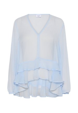 Hellblaue, geschichtete Bluse mit V-Ausschnitt, langen Ärmeln und Rüschendetails. Hergestellt aus einem transparenten, strukturierten Stoff mit feinen Steppnähten.
