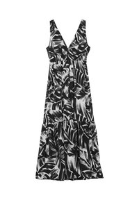 Abito bianco e nero con scollatura a V, spalline sottili e design fluido con un motivo a foglie e vita arricciata.