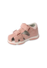 Różowe sandały z perforowaną tekstylną cholewką, regulowanymi paskami na rzepy, otwartym noskiem i białą gumową podeszwą. Posiadają teksturowaną powierzchnię.