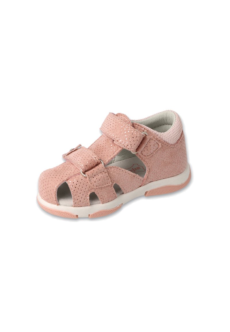 Różowe sandały z perforowaną tekstylną cholewką, regulowanymi paskami na rzepy, otwartym noskiem i białą gumową podeszwą. Posiadają teksturowaną powierzchnię.