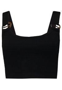 Crop top noir à côtes avec de larges bretelles en tissu et des accents en métal doré sur l'épaule. Présente un design ajusté.