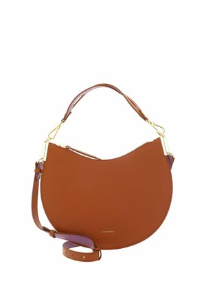 Brown crescent-shaped leather handbag with top handle, adjustable shoulder strap, gold hardware, and zipper closure.