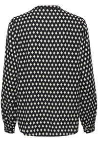 Schwarze Bluse mit langen Ärmeln, weißem geometrischem Diamantmuster und lockerer Passform, von hinten gezeigt.
