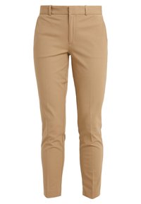 Hnědé kalhoty s hladkou texturou tkaniny, slim fit, plochým předním dílem a poutky na opasek, se zipem a bez viditelných kapes.