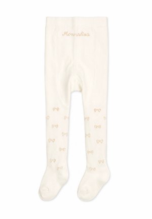 Collant per bambini color crema con piccolo motivo di fiocchi dorati sulle gambe e logo dorato "Monnalisa" vicino alla vita.