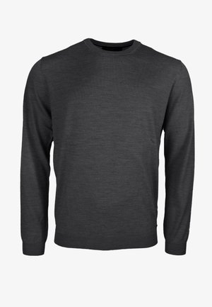 Mørkegrå langærmet sweater lavet af blødt strikmateriale. Har rund halsudskæring og tætsiddende manchetter, med en glat, ensartet tekstur.