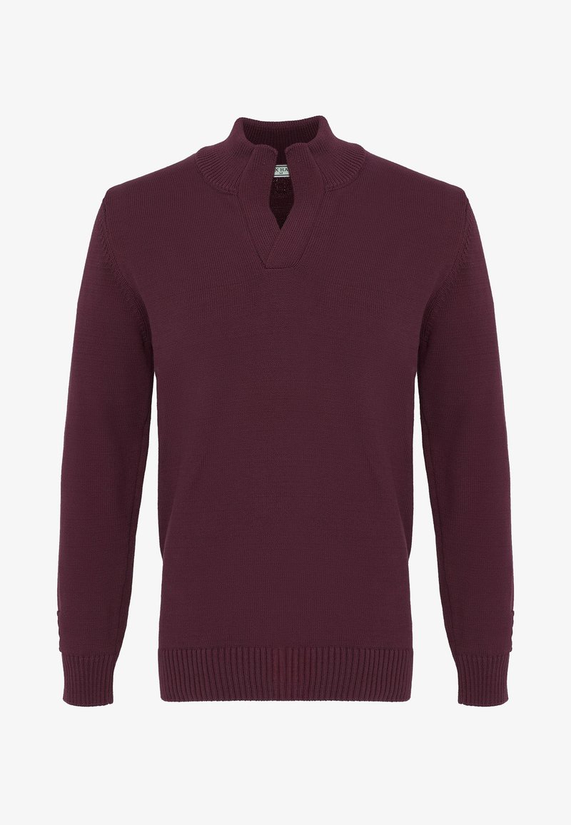Pull en maille bordeaux à manches longues, poignets et ourlet côtelés, et courte fermeture éclair au col montant.