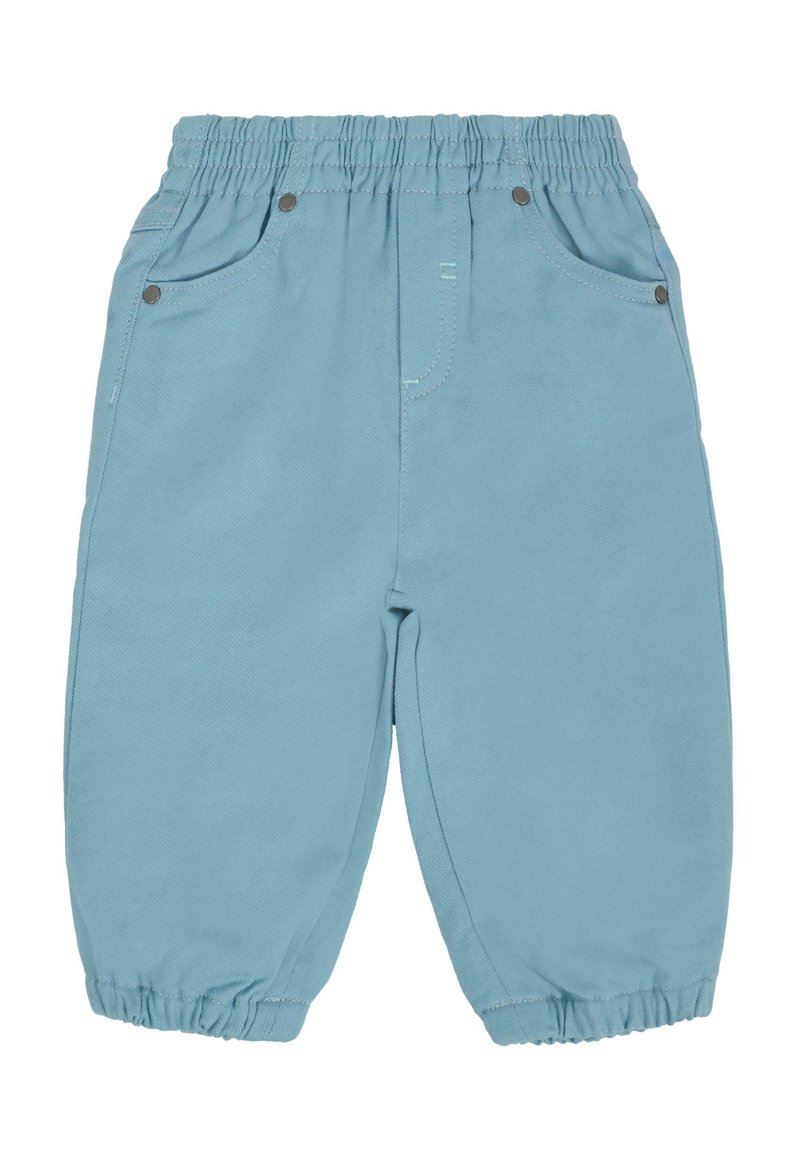 Pantaloni per bambini di colore blu chiaro con una vita elasticizzata, tasche laterali e polsini elasticizzati alle caviglie. Realizzati in tessuto morbido e liscio.