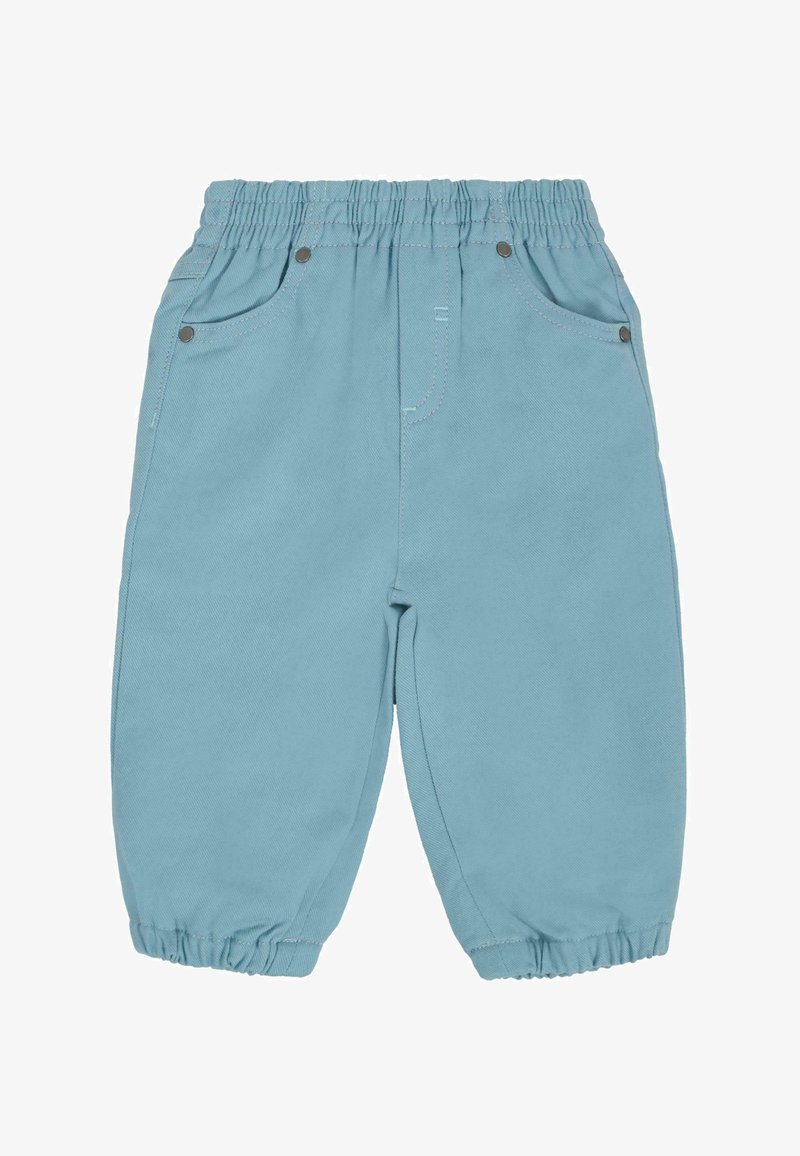 Pantaloni per bambini di colore blu chiaro con una vita elasticizzata, tasche laterali e polsini elasticizzati alle caviglie. Realizzati in tessuto morbido e liscio.