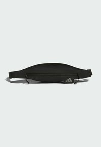 Black fabric waist bag with a zippered pocket, featuring a thin strap and Adidas logo accent. Smooth texture, streamlined design.