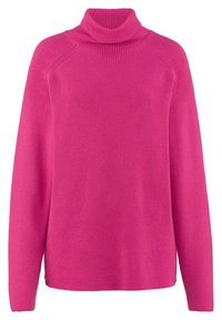 Pull à col roulé rose en maille côtelée. Présente une coupe décontractée, des manches longues et un col haut. Détail de surface texturée.
