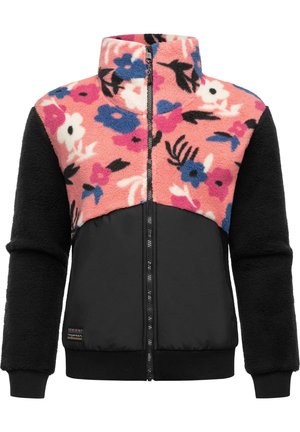 Veste polaire avec manches et bas du corps noirs, partie supérieure rose et col avec motif floral bleu, blanc et noir, fermeture éclair intégrale à l'avant.