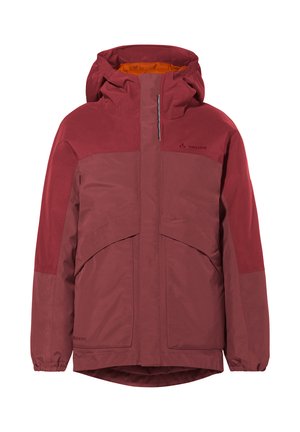 Red, hooded jacket with a structured design. Features a zippered front, large pockets, and contrasting orange lining. Smooth texture.