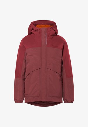 Rote, kapuzenjacke mit strukturiertem Design. Verfügt über einen Reißverschluss vorne, große Taschen und einen kontrastierenden orangen Innenfutter. Glatte Textur.
