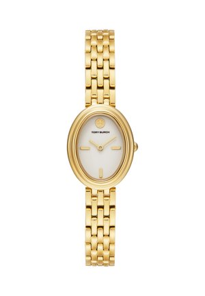 Goldfarbene ovale Damenuhr mit weißem Zifferblatt, minimalistischen goldfarbenen Markierungen und Gliederarmband von Tory Burch.