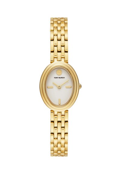 Gold-tone oval women's wristwatch with white face, minimal gold markers, and linked bracelet band by Tory Burch.