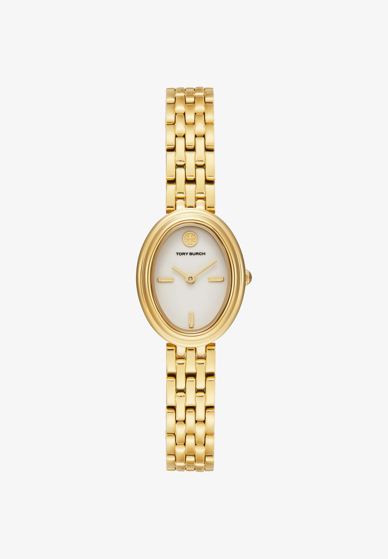 Orologio da polso ovale da donna tono oro con quadrante bianco, indici dorati minimalisti e cinturino a maglie di Tory Burch.