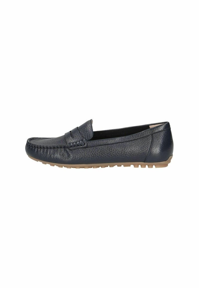 Navyblaue Lederloafer mit strukturiertem Finish, Schlupfdesign, Mokassinstich und leichter Gummisohle für besseren Halt.