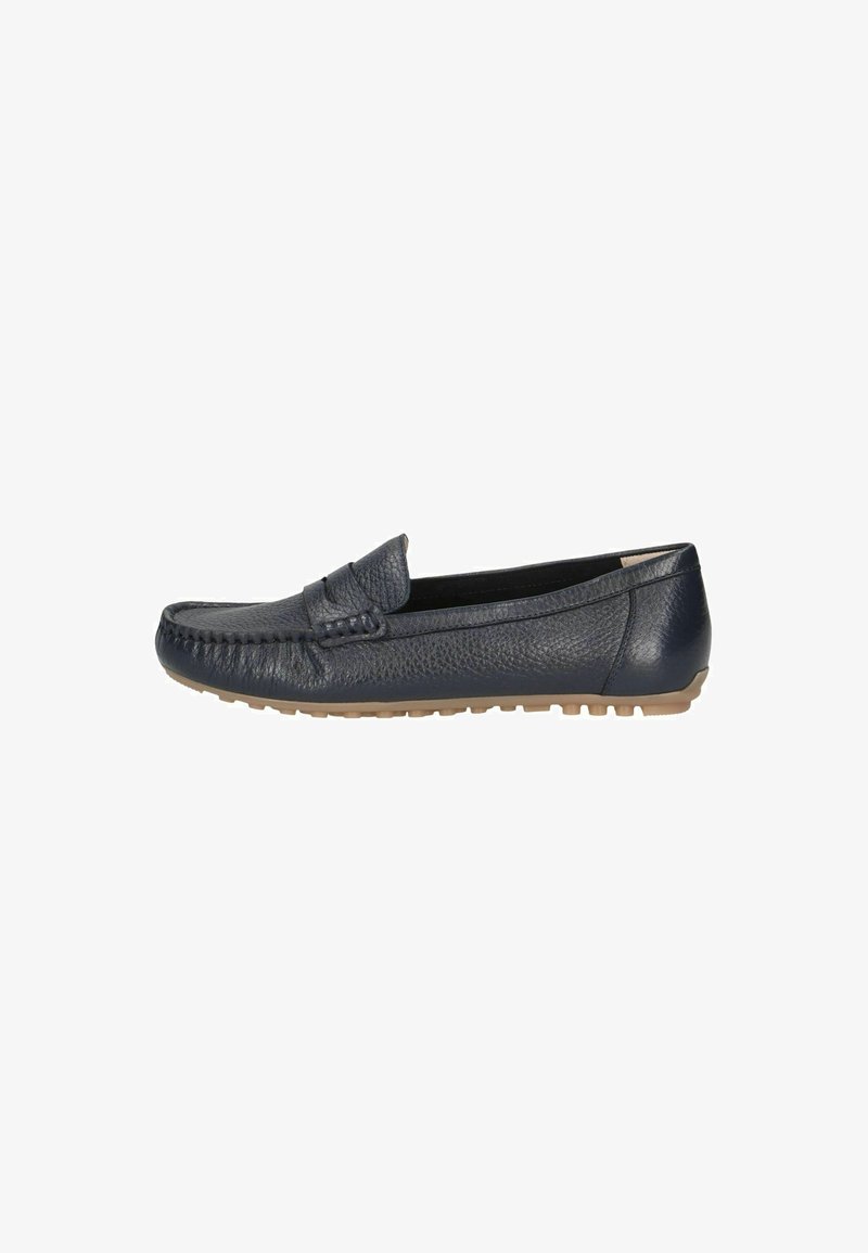 Navyblaue Lederloafer mit strukturiertem Finish, Schlupfdesign, Mokassinstich und leichter Gummisohle für besseren Halt.