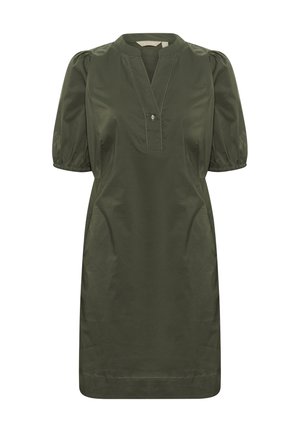 Olivno zelena obleka s polovičnim gumbom, kratkimi napihnjenimi rokavi in stranskimi žepi. Narejena iz lahkega materiala z gladko teksturo.