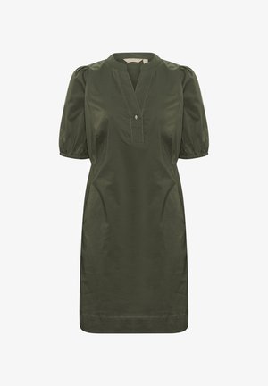 Vestito verde oliva con maniche corte a sbuffo, scollo a V e dettaglio con bottoni sul davanti. Realizzato in tessuto liscio con cuciture minime.