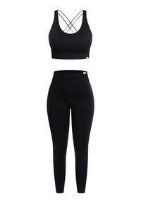Svart atletisk set bestående av en ärmlös sport-bh med korsettslingor och högmidjade leggings, båda i slitstarkt tyg.