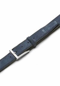 Leather belt in dark blue with a smooth texture; features a silver metal buckle and multiple adjustment holes along the strap.