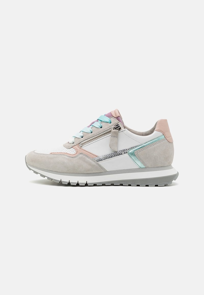 Suede and leather sneaker in white, grey, and pastel accents. Features textured materials, turquoise laces, and side zipper detail.