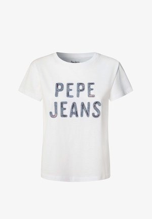 Balta kokvilnas T-kreklu ar teksturētu zilu un metālisku uzrakstu "PEPE JEANS", ar apaļu apkakli un īsām piedurknēm.