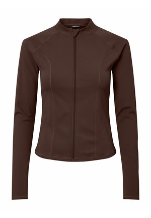 Smeđa jakna na patentni zatvarač s dugim rukavima, visokim ovratnikom i prilagođenim krojem. Glatka tekstura s diskretnim detaljima šavova duž šavova.