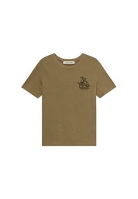 Olivenfarbiges Baumwoll-T-Shirt mit kurzen Ärmeln. Verfügt über ein schwarzes gesticktes Design auf der linken Brust und einen klassischen runden Ausschnitt.