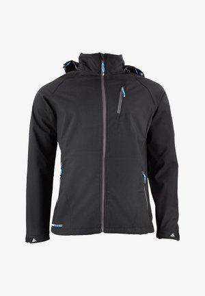Veste softshell noire avec une fermeture éclair à l'avant, capuche réglable et accents bleus sur les zips et les poignets. Comprend plusieurs poches.