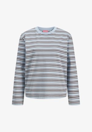 Světlomodrá košile s dlouhým rukávem s rovnoměrně rozmístěnými vodorovnými černými a bílými pruhy, kulatým výstřihem a rovně střiženým lemem.