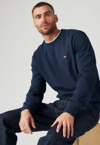 Navyblauwe crewneck sweater gemaakt van een katoenmix, met ribgebreide boorden en een klein rood logo op de borst, gecombineerd met donkere jeans.