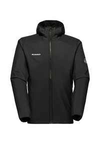 Veste noire en matériau synthétique avec fermeture éclair sur le devant, col haut et logo sur la poitrine. Conçue pour les activités de plein air.