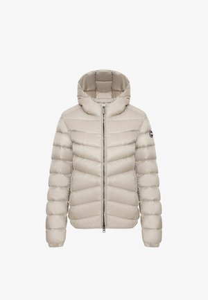 Svetlo bež puffasta jakna s kapuljačom, s diagonalnim šavovima, metalnim zatvaračem i elastičnim manžetama za udoban fit.